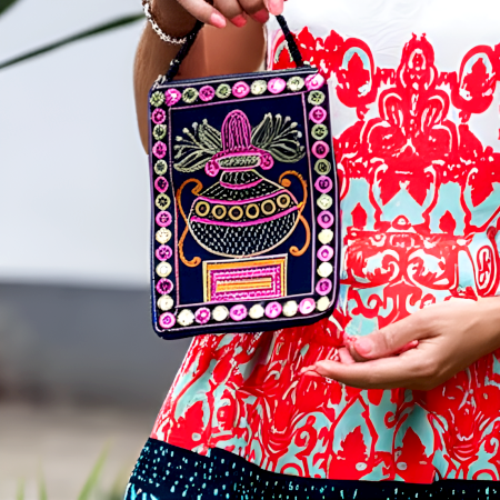 Cotton Mirror Work Hand Bag with Colorful Embroidery and Beaded Chain